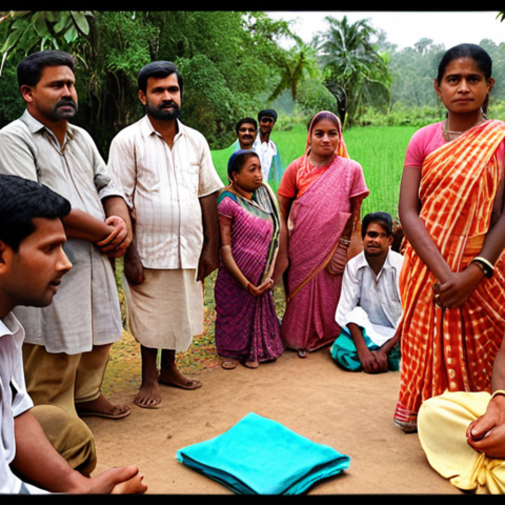 **Image Prompt:** A diverse group of people (farmers, women, students) participating in a village meeting (Gram Sabha). They are discussing policy ideas with government officials. The scene should depict open communication, engagement, and empowerment. Emphasize a rural setting.
