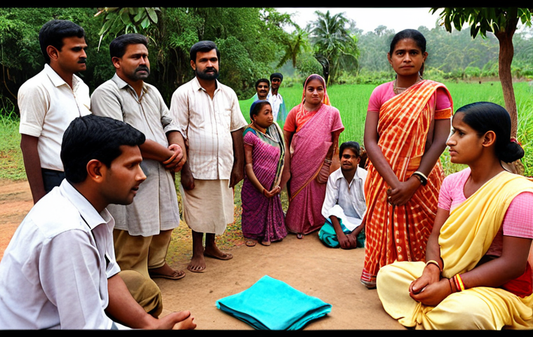**Image Prompt:** A diverse group of people (farmers, women, students) participating in a village meeting (Gram Sabha). They are discussing policy ideas with government officials. The scene should depict open communication, engagement, and empowerment. Emphasize a rural setting.