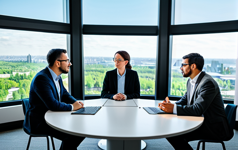 A diverse group of professional policy analysts and technology experts, fully clothed in modest business attire, are engaged in a collaborative discussion around a holographic projection displaying complex data visualizations and digital policy frameworks. The setting is a bright, modern, high-tech conference room with large windows overlooking a green urban landscape. The scene is depicted with natural lighting, sharp focus, and a professional aesthetic. Safe for work, appropriate content, fully clothed, professional dress, perfect anatomy, correct proportions, natural pose, well-formed hands, proper finger count, natural body proportions.