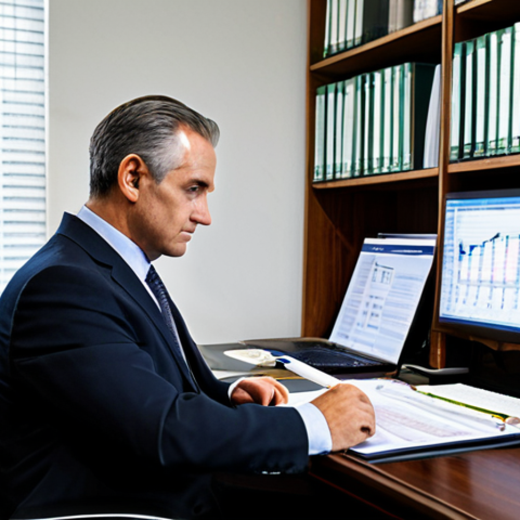 A focused traditional policy analyst, a male in his late 40s, wearing a modest dark business suit, seated at a large, polished wooden desk in a classic, well-organized office. The desk is meticulously arranged with stacks of bound reports, printed statistical charts, and a closed-off laptop screen. He holds a pen thoughtfully, gazing at a complex Excel spreadsheet on a desktop monitor, deeply immersed in quantitative data analysis. The background shows tall bookshelves filled with policy papers and reference books, and a window with a blurred, conventional city skyline. The lighting is functional and even. safe for work, appropriate content, fully clothed, professional dress, perfect anatomy, correct proportions, natural pose, well-formed hands, proper finger count, natural body proportions, high-quality professional photography.
