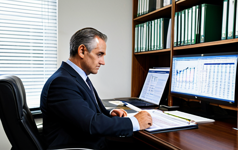 A focused traditional policy analyst, a male in his late 40s, wearing a modest dark business suit, seated at a large, polished wooden desk in a classic, well-organized office. The desk is meticulously arranged with stacks of bound reports, printed statistical charts, and a closed-off laptop screen. He holds a pen thoughtfully, gazing at a complex Excel spreadsheet on a desktop monitor, deeply immersed in quantitative data analysis. The background shows tall bookshelves filled with policy papers and reference books, and a window with a blurred, conventional city skyline. The lighting is functional and even. safe for work, appropriate content, fully clothed, professional dress, perfect anatomy, correct proportions, natural pose, well-formed hands, proper finger count, natural body proportions, high-quality professional photography.