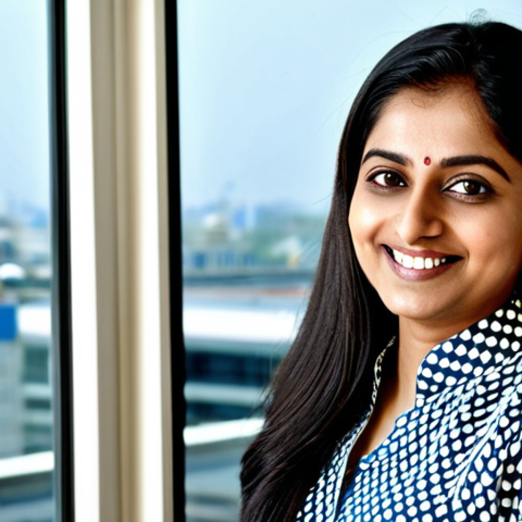 **
A confident Indian businesswoman in a modern office, wearing a traditional yet professional salwar kameez. She is smiling and looking directly at the viewer. The office background is bright and clean with city views visible through the window. Fully clothed, modest, appropriate attire, safe for work, perfect anatomy, natural proportions, professional photography, high quality.
**