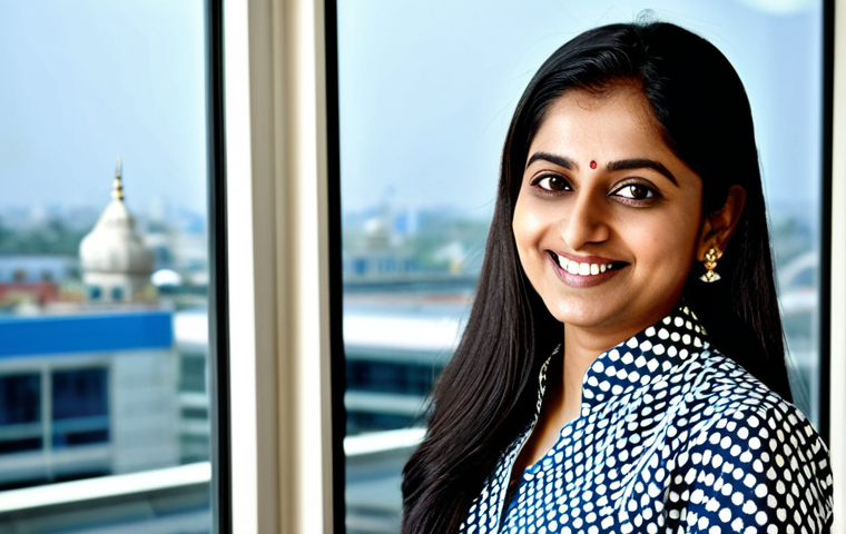 **
A confident Indian businesswoman in a modern office, wearing a traditional yet professional salwar kameez. She is smiling and looking directly at the viewer. The office background is bright and clean with city views visible through the window. Fully clothed, modest, appropriate attire, safe for work, perfect anatomy, natural proportions, professional photography, high quality.
**