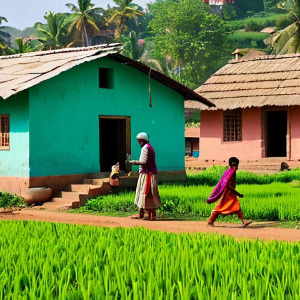 Rural Development**
"A vibrant village scene in rural India. Farmers are working in a lush green field, wearing traditional Indian clothing, fully clothed, appropriate attire. In the background, there are colorful houses and children are playing, safe for work, perfect anatomy, natural proportions, daytime, clear sky, high-quality photograph, professional, family-friendly."
**