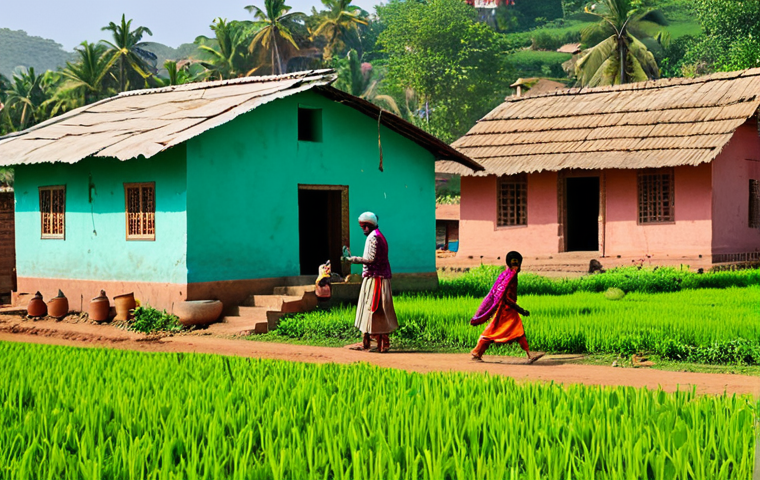 Rural Development**

"A vibrant village scene in rural India. Farmers are working in a lush green field, wearing traditional Indian clothing, fully clothed, appropriate attire. In the background, there are colorful houses and children are playing, safe for work, perfect anatomy, natural proportions, daytime, clear sky, high-quality photograph, professional, family-friendly."

**