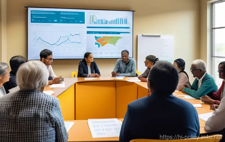 정책분석사와 공공정책 전략 설계 사례 - A diverse group of policy makers, researchers, and local community members, including elderly farmer...