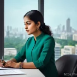 정책분석사와 통계 분석의 중요성 - **Prompt:** A young, confident female policy analyst of South Asian descent, meticulously reviewing ...