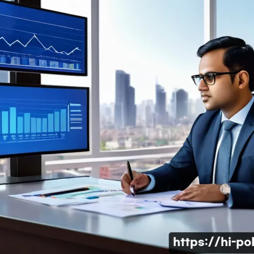 정책분석사와 정책 목표 설정 사례 - A professional policy analyst sitting at a modern desk with multiple digital screens displaying grap...