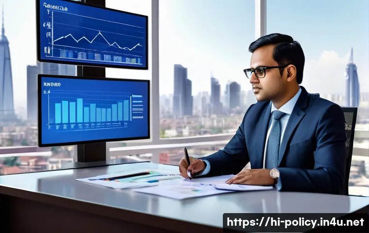 정책분석사와 정책 목표 설정 사례 - A professional policy analyst sitting at a modern desk with multiple digital screens displaying grap...