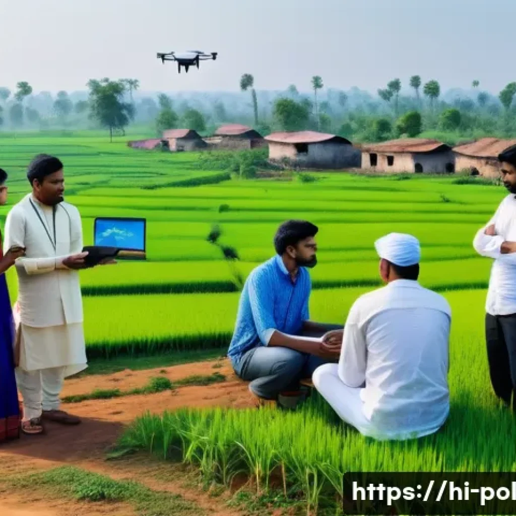 정책분석사와 실험적 정책의 도입 사례 - A detailed and realistic scene of a rural Indian village setting where a diverse group of policy ana...