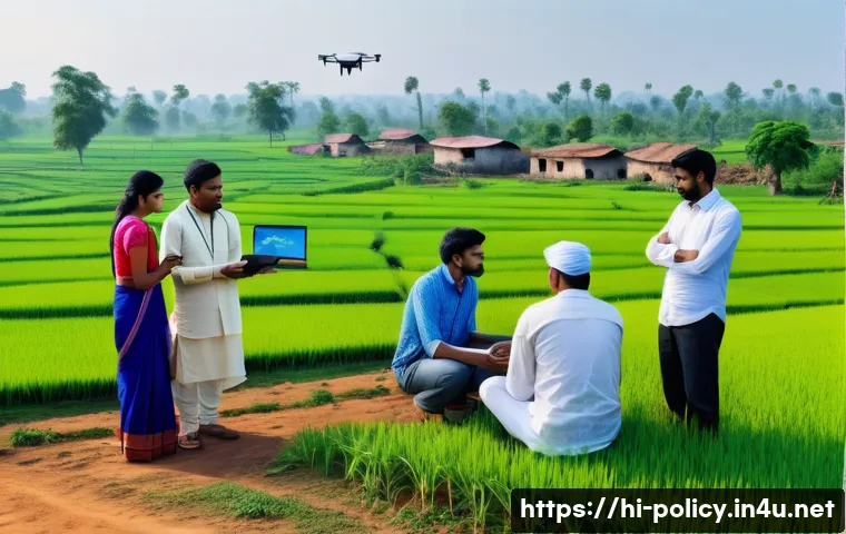 정책분석사와 실험적 정책의 도입 사례 - A detailed and realistic scene of a rural Indian village setting where a diverse group of policy ana...