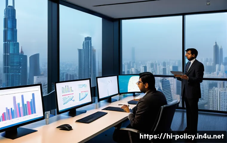 정책분석사와 공공정책 연구의 새로운 접근법 - A modern policymaker office scene showing a diverse group of Indian professionals analyzing real-tim...