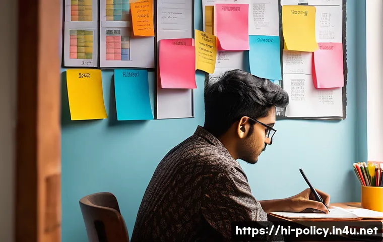 정책분석사 실기 시험 준비 전략 - A focused Indian student sitting at a study desk in a cozy room, surrounded by neatly arranged textb...