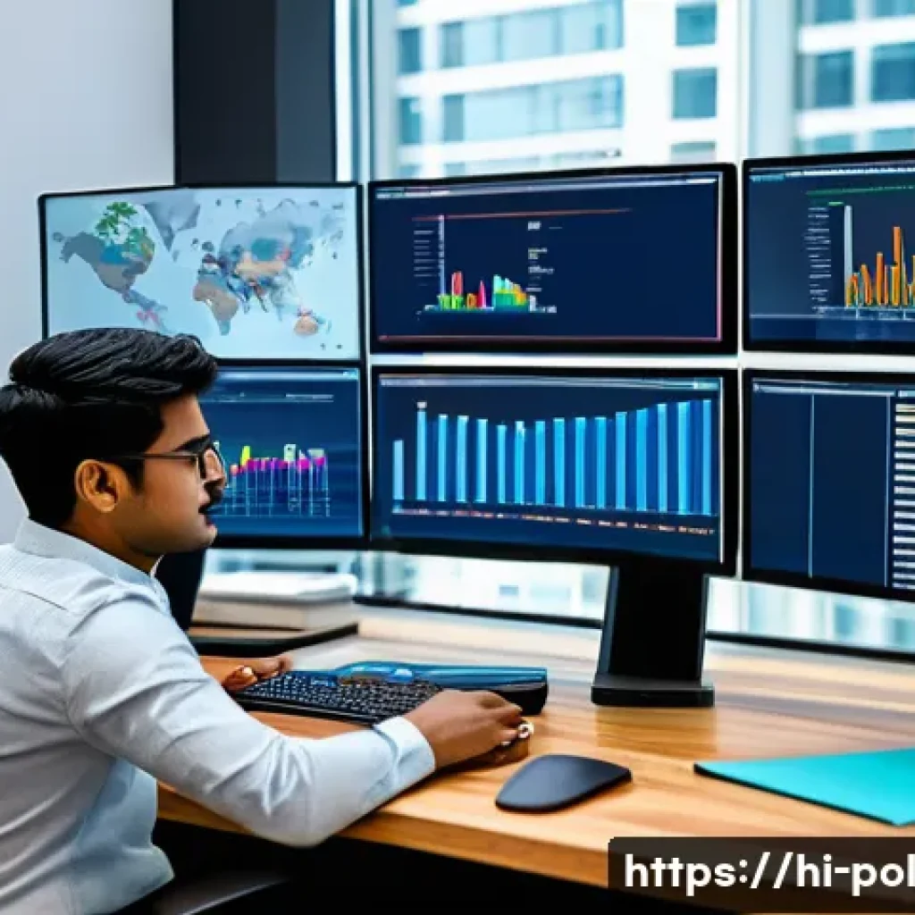 정책분석사와 직무 관련 최신 트렌드 - A modern policy analyst workspace featuring a young South Asian professional in smart casual attire,...