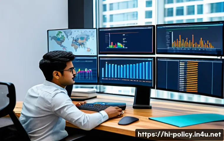 정책분석사와 직무 관련 최신 트렌드 - A modern policy analyst workspace featuring a young South Asian professional in smart casual attire,...
