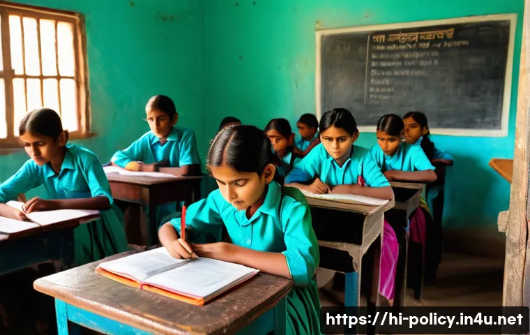 정책분석사와 사회 정책 사례 분석 - A vibrant rural classroom scene in an Indian village, showing children of diverse ages and backgroun...