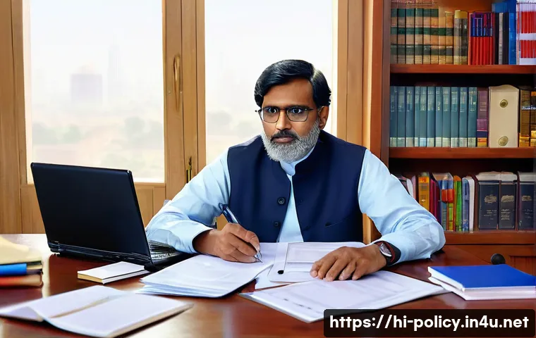 정책분석사 성공 사례 분석 - A thoughtful Indian policy analyst sitting at a desk cluttered with papers, graphs, and a laptop dis...