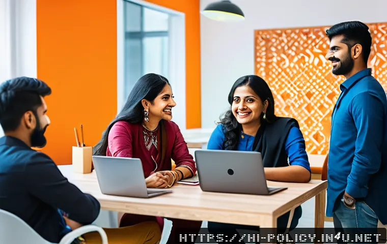 정책분석사와 조직 내 협업 사례 - A vibrant modern office scene showcasing a diverse team of Indian professionals engaged in an open c...