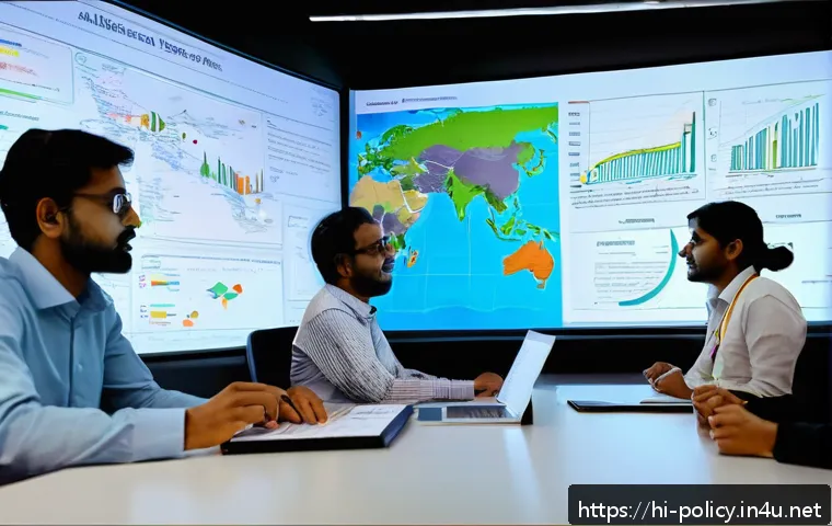 정책분석사와 정책 연구 협업 사례 - A detailed scene of a multidisciplinary policy research team collaborating in a modern office, featu...
