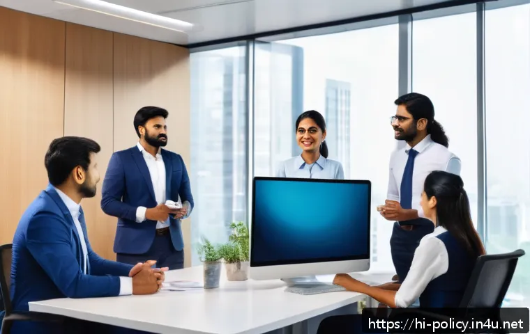 정책분석사와 조직의 변화 관리 사례 - A modern corporate office setting showing a diverse group of Indian employees engaged in a transpare...