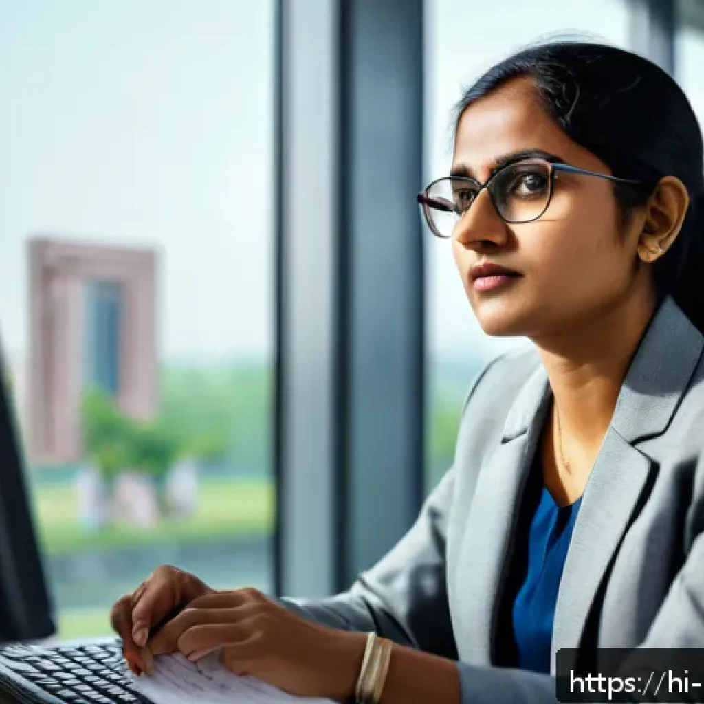 정책분석사가 되기 위한 첫걸음 - A professional Indian policy analyst woman in her 30s sitting in a modern office environment, wearin...
