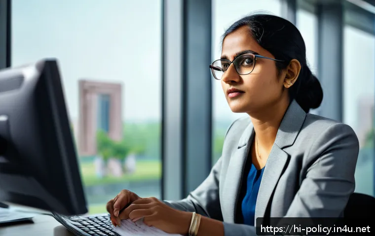 정책분석사가 되기 위한 첫걸음 - A professional Indian policy analyst woman in her 30s sitting in a modern office environment, wearin...