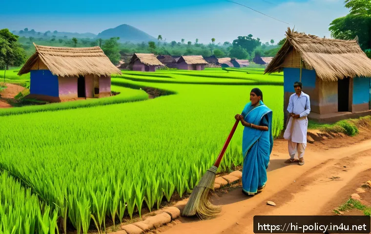 정책분석사와 연구와 정책의 연계 사례 - A vibrant rural Indian village scene illustrating the Swachh Bharat Mission in action: local village...